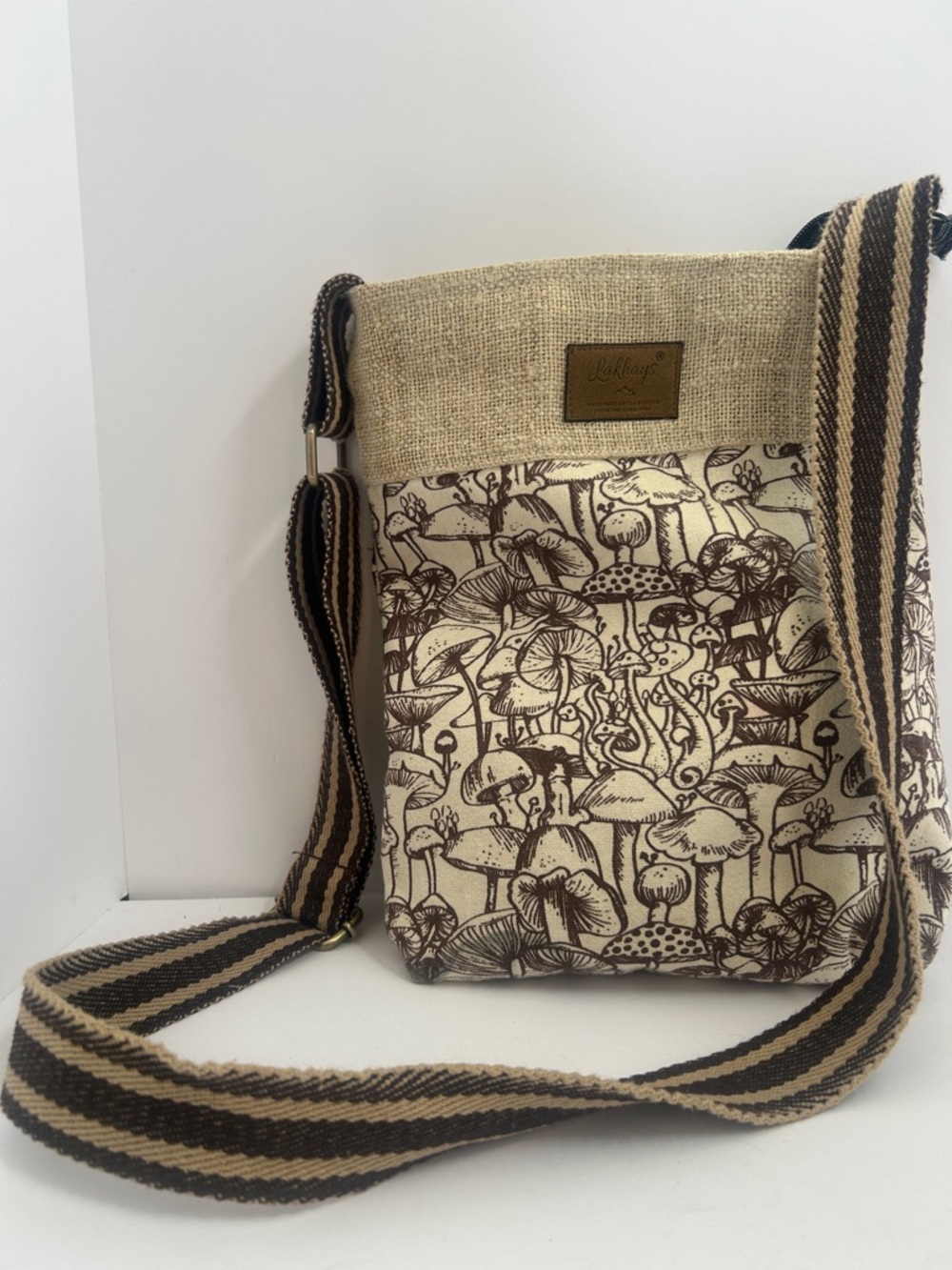Beige & Brown Mushroom-Print Messenger Crossbody Bag